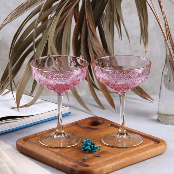 Colored Art Deco Cocktail Glasses, Gold Rimmed Vintage Coupe Glasess, Pink Martini Glass, barware, glassware set, cocktail party, bridesmaid