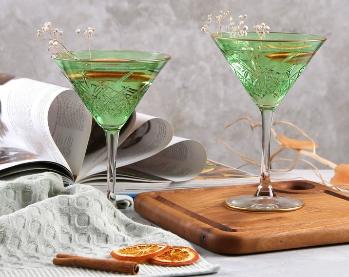 Colored Art Deco Cocktail Glasses, Vintage Martini Set, Green Cocktail Glass, Gold Rimmed barware, glassware set, cocktail party, bridesmaid