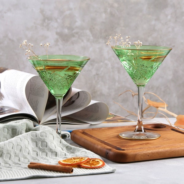 Colored Art Deco Cocktail Glasses, Vintage Martini Set, Green Cocktail Glass, Gold Rimmed barware, glassware set, cocktail party, bridesmaid