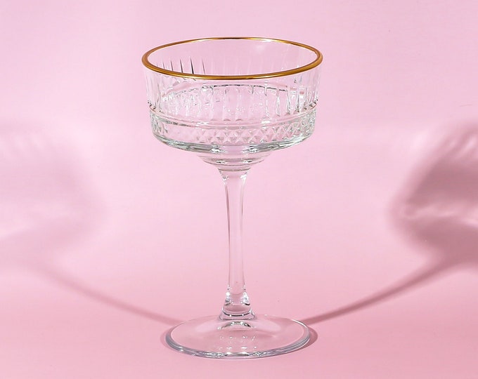 Bicchieri vintage in cristallo, vintage con montatura dorata, bicchieri trasparenti da coupé, bicchieri da cocktail trasparenti, bicchieri, set di bicchieri, festa di nozze, damigella d'onore