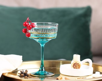 Verres vintage en cristal coloré, Coupé Glasess vintage à bords dorés, verre à cocktail, verre turquoise vintage, vaisselle, ensemble de verrerie, mariage