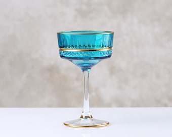 Verres vintage en cristal coloré, Coupé Glasess vintage à bords dorés, verre à cocktail, verre turquoise vintage, vaisselle, ensemble de verrerie, mariage