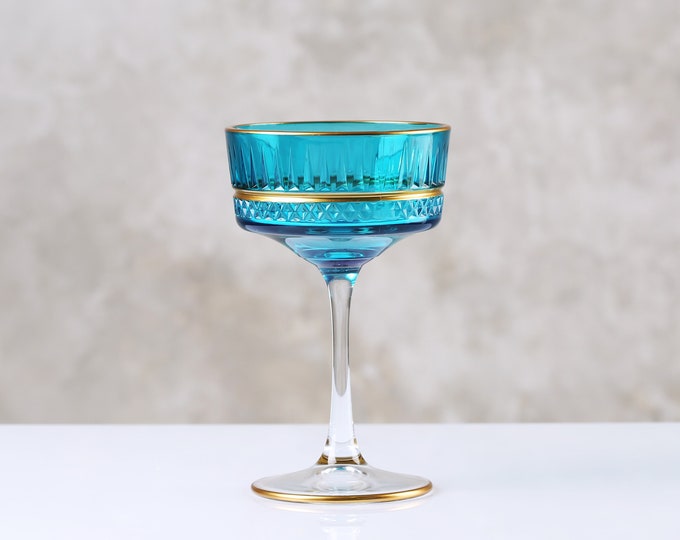 Colored Crystal Vintage Glasses, Gold Rimmed Vintage Coupe Glasess, Cocktail Glass, Vintage Turquoise Glass, barware, glassware set, wedding