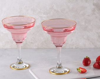 Colored Margarita Glasses, Gold Rimmed Crystal, Vintage Coupe Glasess, Retro Cocktail Glasses, barware, glassware set, wedding party, pink