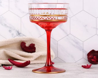 Colored Crystal Vintage Glasses, Gold Rimmed Vintage Coupe Glasess, Ruby Cocktail Glass, barware, glassware set, wedding party, ruby red