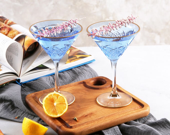 Colored Art Deco Cocktail Glasses, Gold Rimmed Vintage Martini Set, Blue Cocktail Glass, barware, glassware set, cocktail party, bridesmaid