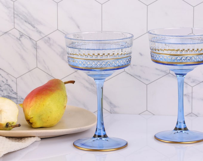 Colored Crystal Vintage Glasses, Gold Rimmed Vintage Coupe Glasess, Blue Cocktail Glass, barware, glassware set, wedding party, brıidesmaid