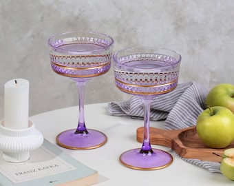 Colored Crystal Vintage Glasses, Gold Rimmed Vintage Coupe Glasess, Purple Cocktail Glass, barware, glassware set, wedding party, bridesmaid