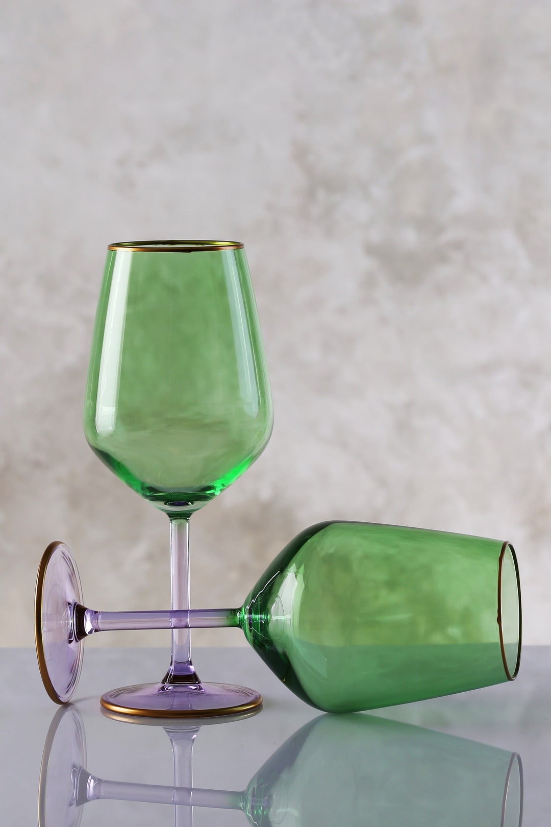 Colored Art Deco Wine Glasses, Gold Rimmed Vintage Wine Set, Cyristal