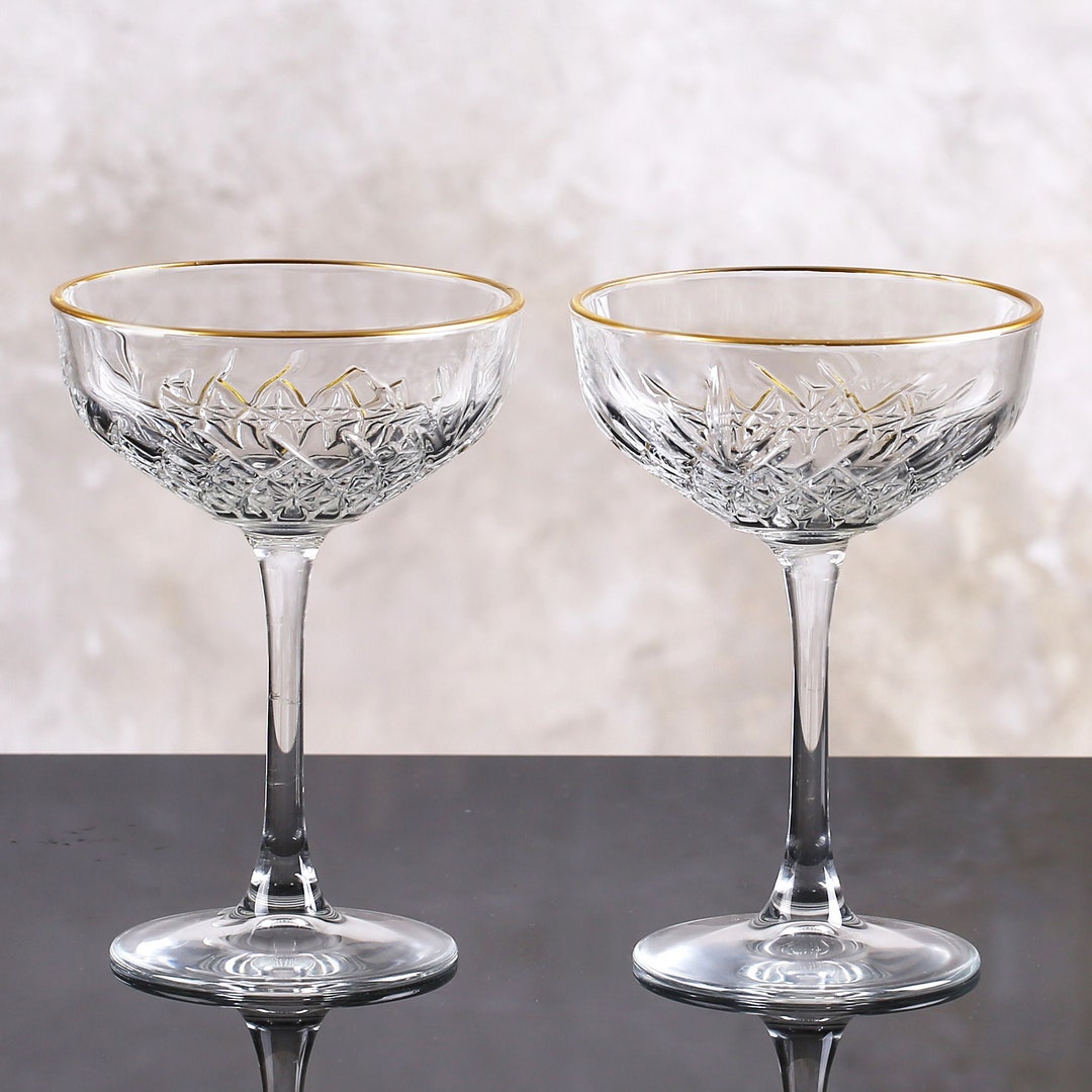 Colored Art Deco Cocktail Glasses, Gold Rimmed Vintage Coupe Glasess