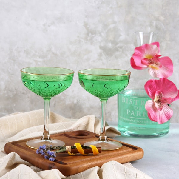 Colored Art Deco Cocktail Glasses, Gold Rimmed Vintage Coupe Glasess, Green Martini Glass, barware, glassware set, cocktail party,bridesmaid