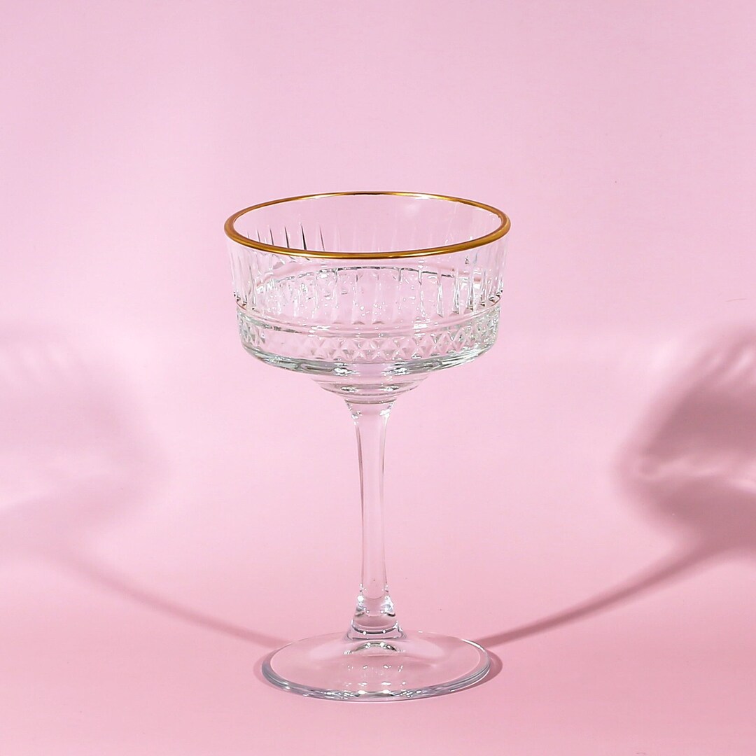 Crystal Vintage Glasses, Gold Rimmed Vintage, Clear Coupe Glasess