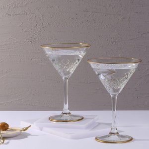 Art Deco Cocktail Glasses, Gold Rimmed Vintage, Clear Martini Set, Clear Cocktail Glass, barware, glassware set, cocktail party,bridesmaid