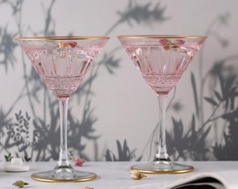 Colored Art Deco Cocktail Glasses, Gold Rimmed Vintage Martini Set, Pink Cocktail Glass, barware, glassware set, cocktail party, bridesmaid