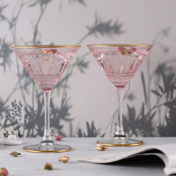 Colored Art Deco Cocktail Glasses, Gold Rimmed Vintage Martini Set