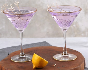 Colored Art Deco Cocktail Glasses, Gold Rimmed Vintage Martini Set, Purple Cocktail Glass, barware, glassware set, cocktail party,bridesmaid