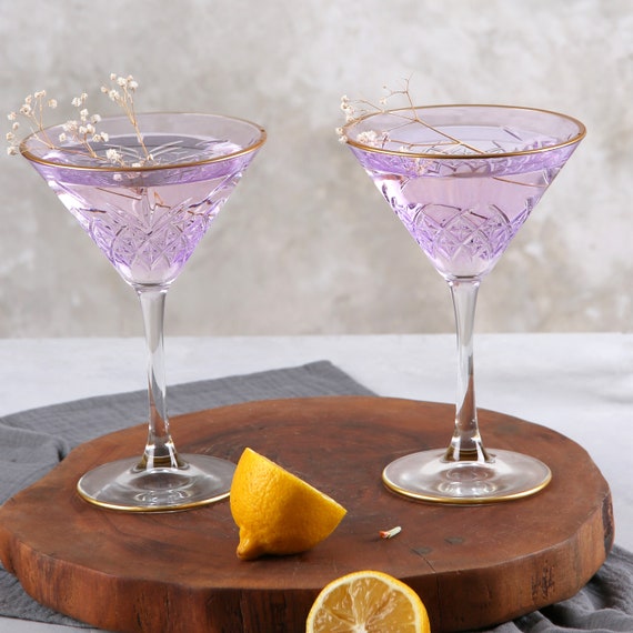 Colored Art Deco Cocktail Glasses, Gold Rimmed Vintage Martini Set