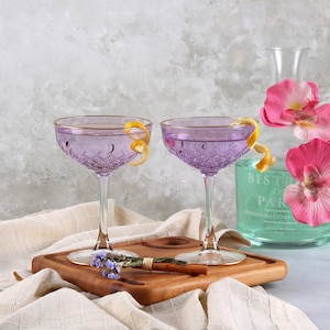 Colored Art Deco Cocktail Glasses, Gold Rimmed Vintage Coupe Glasess, Purple Martini Glass, barware, glassware set, cocktail party, Mocktail