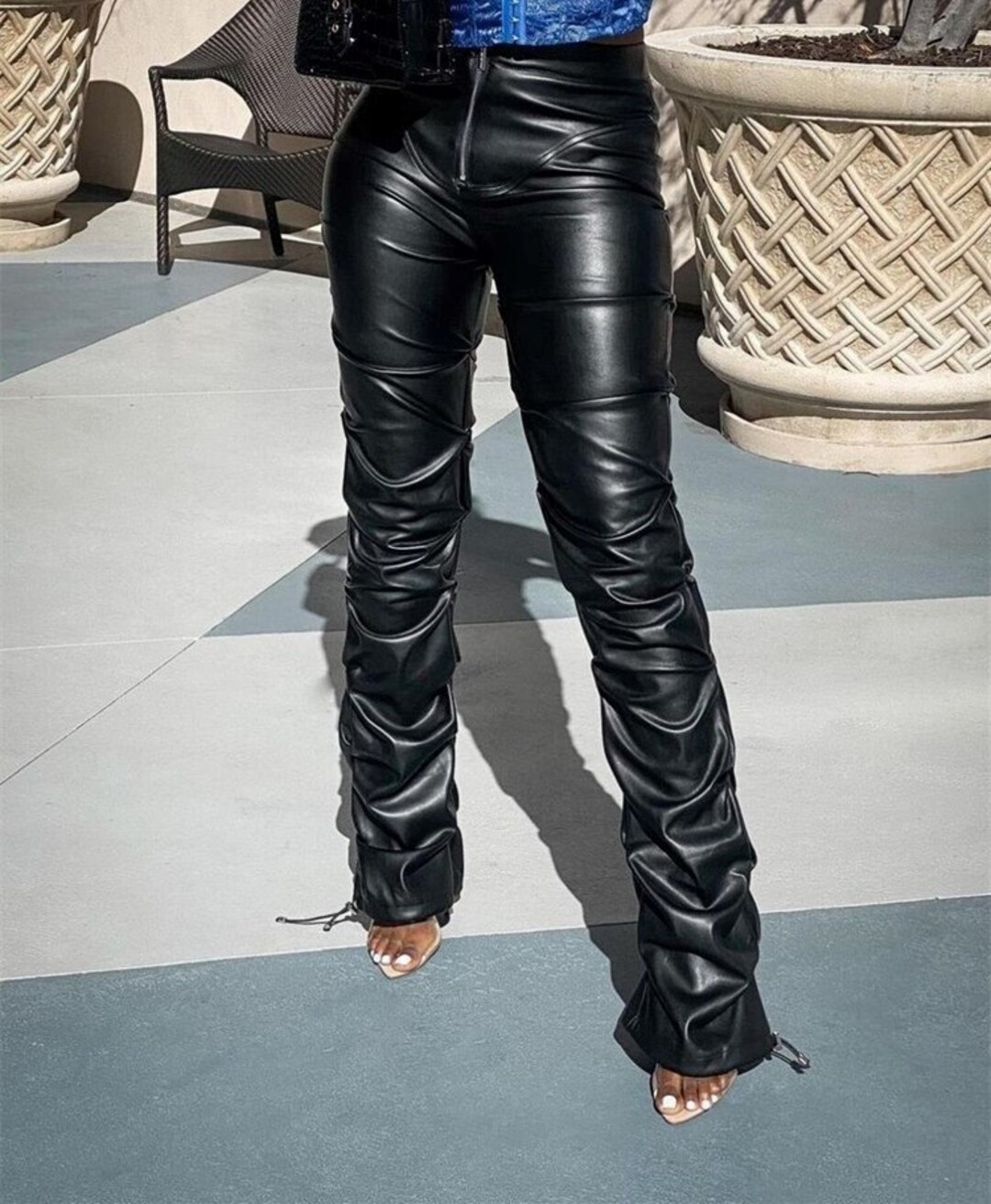 Faux PU Leather Pleated High Waist Black Stacked Pant Women - Etsy