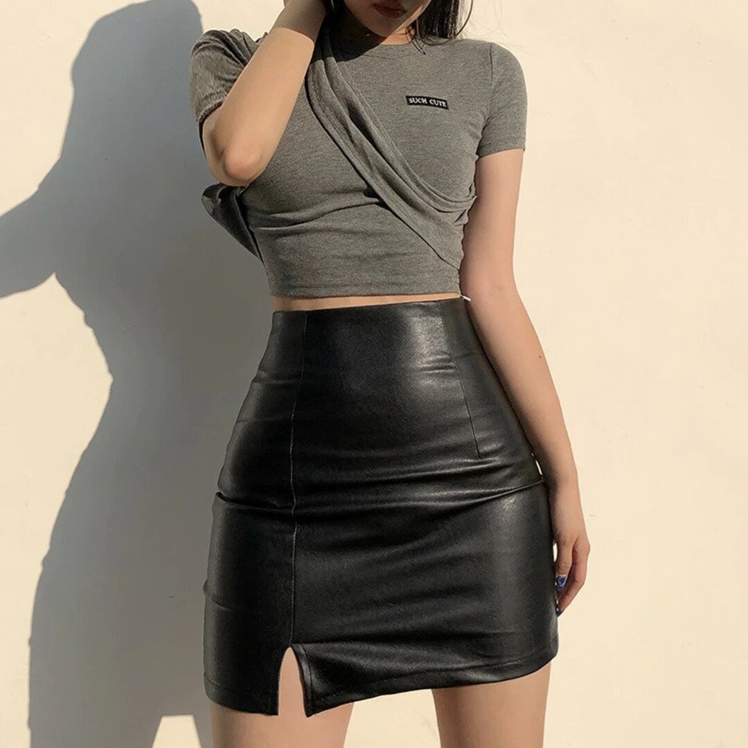 Black Split Mini Black Leather Skirt Women Korean Fashion Etsy
