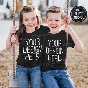 Kids Black T-Shirt Mockup: Sibling Shirt Design (PSD)