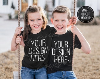 Kids Black T-Shirt Mockup: Sibling Shirt Design (PSD)