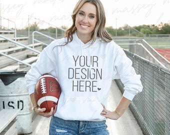 White Gildan 18500 Hoodie Mockup: Fall Football Model (Digital Download)