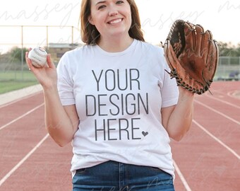 Bella Canvas 3001 White Shirt Mockup: Baseball Mom, Outdoor Scene (Digital Download)