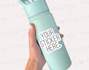 May include: A light blue water bottle with a white sticker that says "Your Sticker Here" with a small heart.