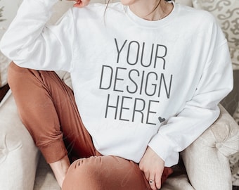 Gildan 18000 White Sweatshirt Mockup: Model Mockup (Digital Download)