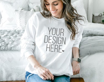 White Gildan 18000 Sweatshirt Mockup: Model Mockup (Digital Download)
