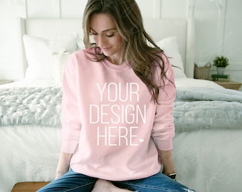 Pink Gildan 18000 Sweatshirt Mockup: Model Mockup (Digital Download)