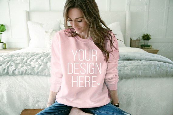 Pink Gildan 18000 Sweatshirt Mockup: Model Mockup (Digital Download)