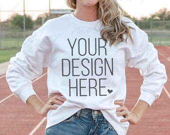 White Gildan 18000 Sweatshirt Mockup: Sports Fall Mockup (Digital Download)