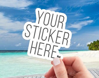 Beach Sticker Mockup: Hand Holding, Smart Object (PSD, PNG, JPG)