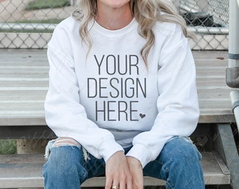 Gildan 18000 White Sweatshirt Mockup: Sports Fall Mockup (Digital Download)