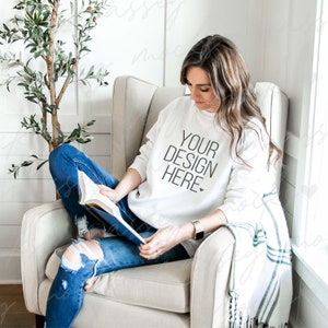 Gildan 18000 Mockup | White Gildan 18000 White Sweatshirt Mockup | Model Mockup | White Sweater Mockup | Sweatshirt Mock Up