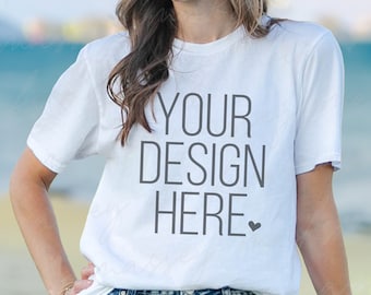 Gildan 64000 White T-shirt Mockup: Beach Model (Digital Download)