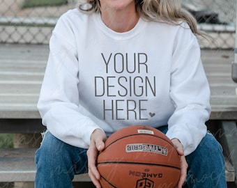 White Gildan 18000 Sweatshirt Mockup: Basketball Fall Mockup (Digital Download)