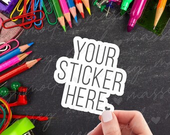 Teacher Sticker Mockup: Hand Holding, Smart Object (PSD, PNG, JPG)