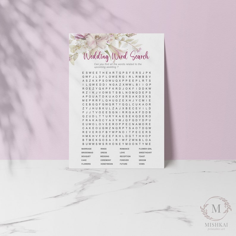 Wedding Shower Word Search Bridal Shower Game Printable Games Instant ...