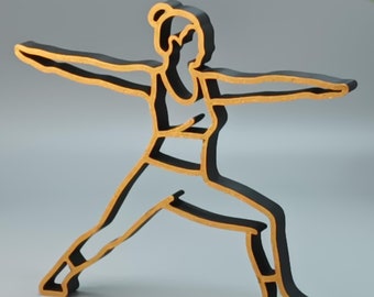 3D Printed Yoga Pose Statue: Black & Gold Virabhadrasana II Figurine