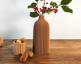 Dekorative gerippte Vase, Flaschenhalsvase, minimalistisch, Raumdekor, 3D gedruckte Vase, Holzeffekt, Trockenblumen, Dekoration