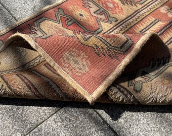 Turkish Runner Rug, Vintage Wool Hallway Rug, Handmade 24x116 Inch, Boho Tribal Decor, Rustic Narrow Carpet, Entryway Long Rug