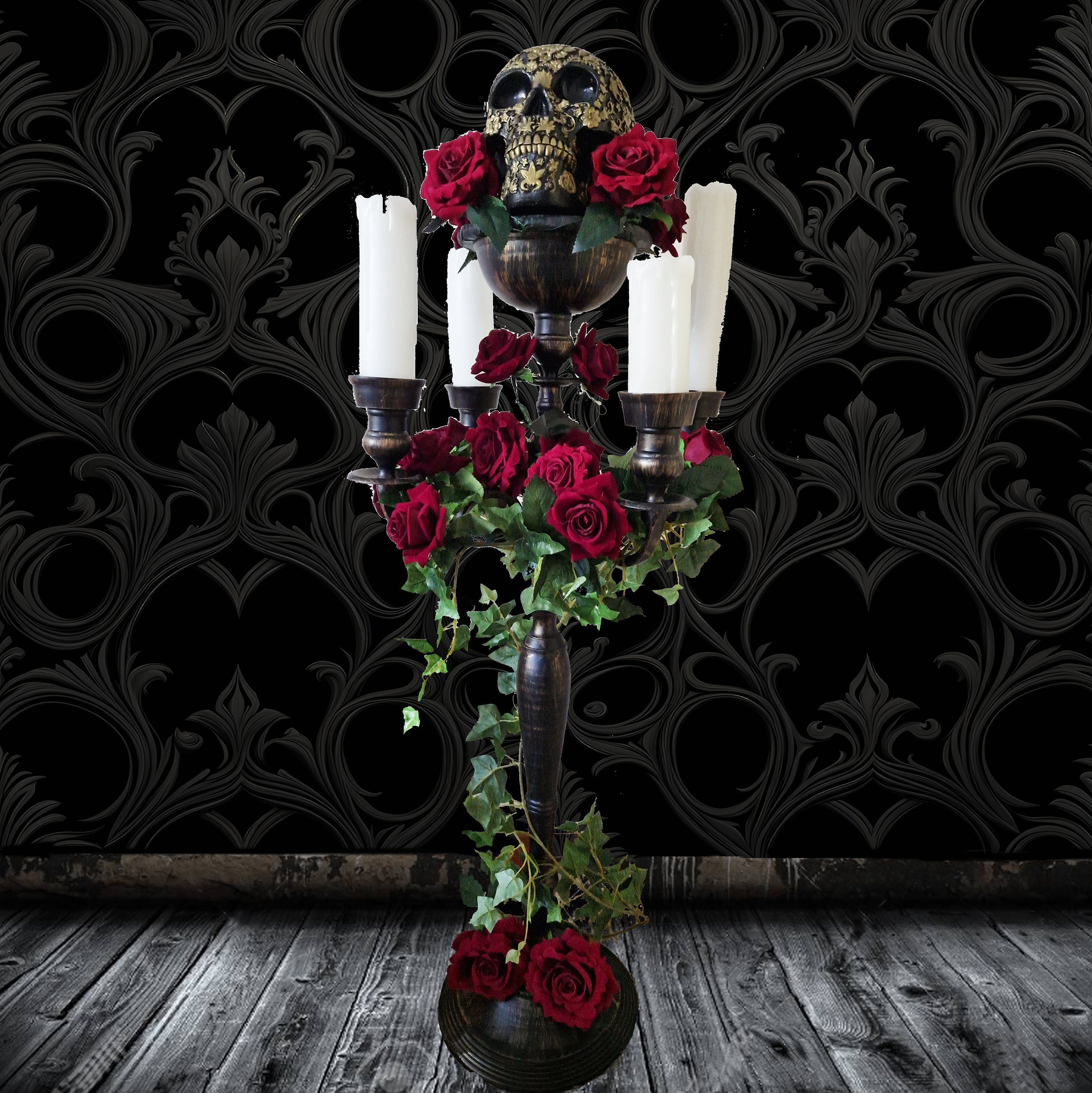 SKULL Tealight CANDLE HOLDER | Realistic Black Resin Skull w/ Roses |Gothic  Gift