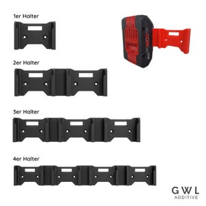 Op de afbeelding: Zwarte plastic 1er, 2er, 3er en 4er Halter-houders voor elektrisch gereedschap. Een rode en zwarte Pro CORE 18V-batterij is ook afgebeeld. Het GWL ADDITIVE-logo staat rechtsonder.
