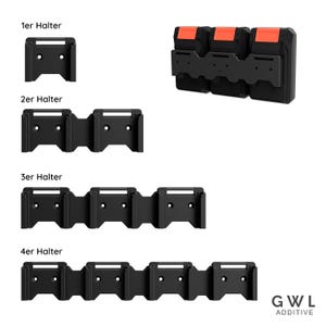 May include: Black plastic holsters in various configurations: single, double, triple, and quadruple. The image also shows a triple holster with orange accents. The text "1er Halter", "2er Halter", "3er Halter", and "4er Halter" is visible.