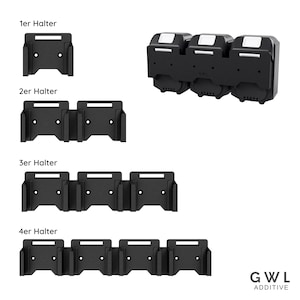 May include: Black battery holders in 1, 2, 3, and 4-unit configurations. The image shows the holders with the text "1er Halter", "2er Halter", "3er Halter", and "4er Halter". The GWL Additive logo is in the bottom right corner.