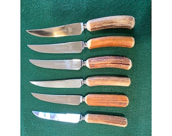 Lewis Rose & Co. Vintage Stag-horn Steak Knives set of 6 w/ Wooden Case England