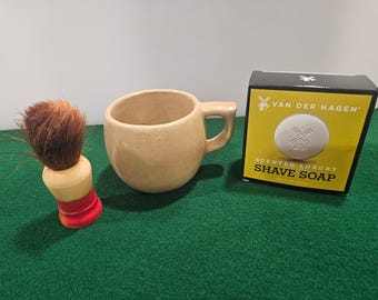 Antike Steinzeug Rasiertasse & Bürste 1930er Jahre Seifepuck